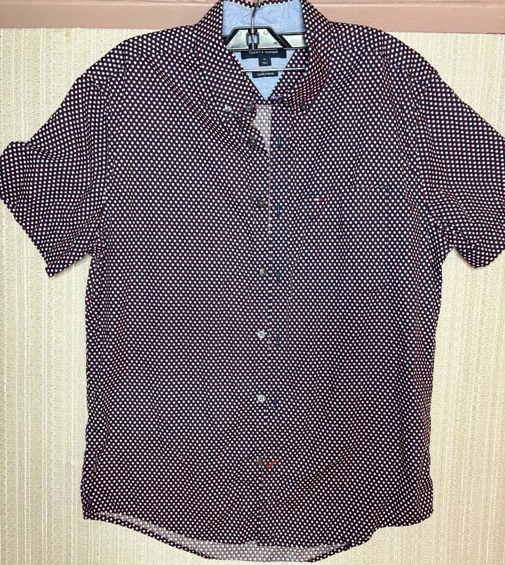Tommy Hilfiger Men's Navy Red and White Polka Dot Short Sleeve Button Down Shirt